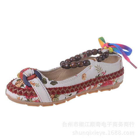 Handmade Beaded Ankle Straps Loafers Zapatos Mujer Retro Ethnic Embroidered Shoes 25