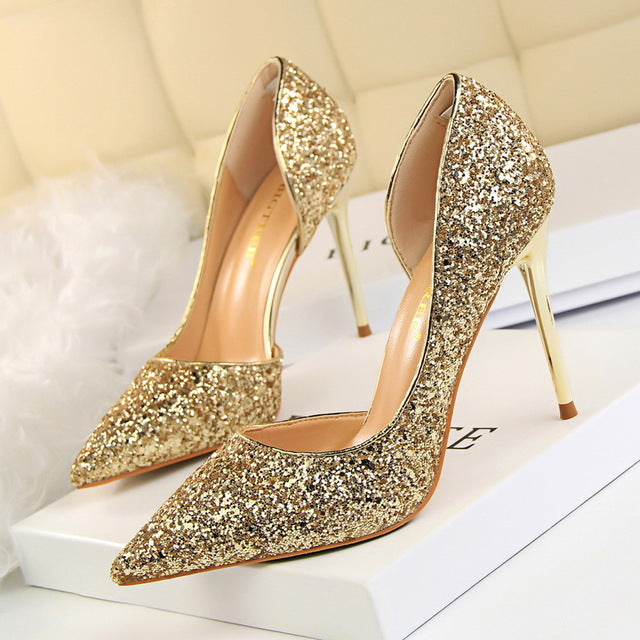 Gold Rock Glitter Block Heel with Back Satin Bow - Bridesmaids Shoes, Bridal  Shoes, Wedding Shoes