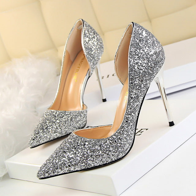 Silver Rhinestone Stiletto Heels Wedding Pointed Toe Shoes -  TheCelebrityDresses