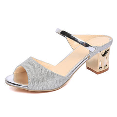 Women Sandals Square Heel Pumps Summer Women Shoes Gold Sliver Low Heel Sandals Peep Toe Ladies Sandals With Heels