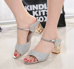 Women Sandals Square Heel Pumps Summer Women Shoes Gold Sliver Low Heel Sandals Peep Toe Ladies Sandals With Heels