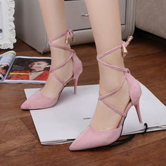 Summer Women Pumps Pointed Toe High Heeled Sexy High Heels Fashion Cross Strap Suede Shoes Female Roman Sandals